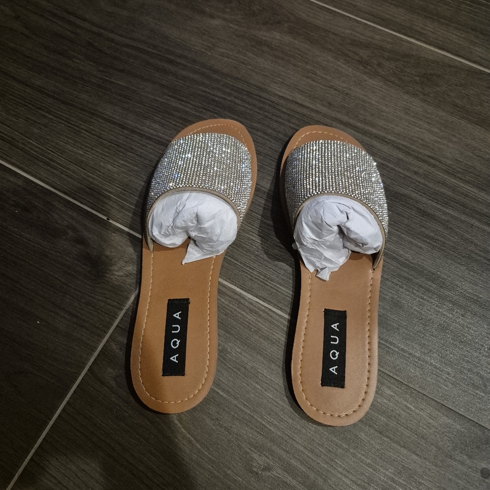 Aqua Silver And Tan Sandals with Bedazzled Strap